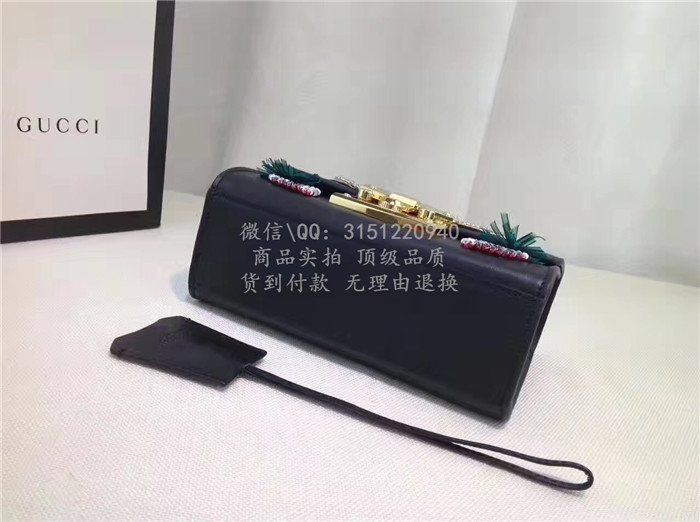 gucci古驰链条包 4321829 草莓刺绣黑色Padlock真皮肩背包