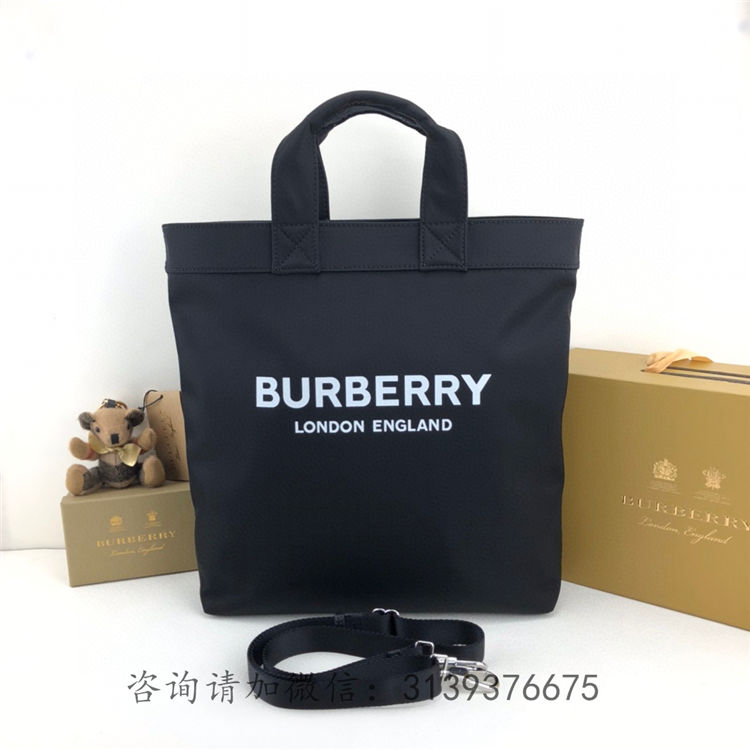 burberry/巴宝莉 黑色尼龙 白色字母 徽标印花 econyl 托特包