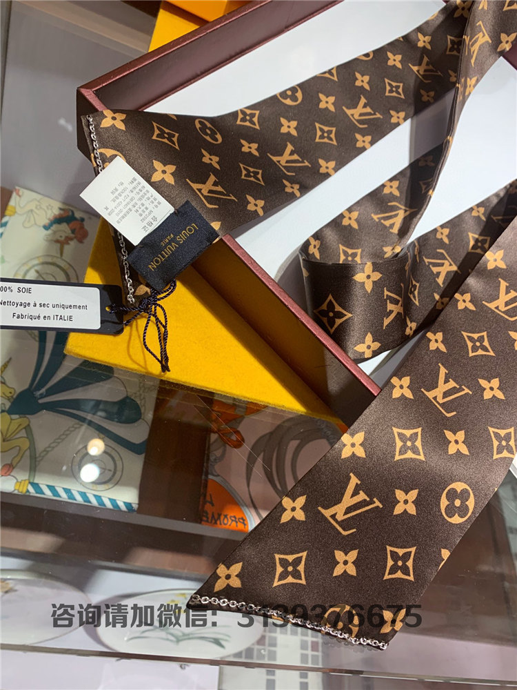 lv/路易威登 棕色 老花 真丝 satin monogram 长围巾 丝巾 领巾 mp