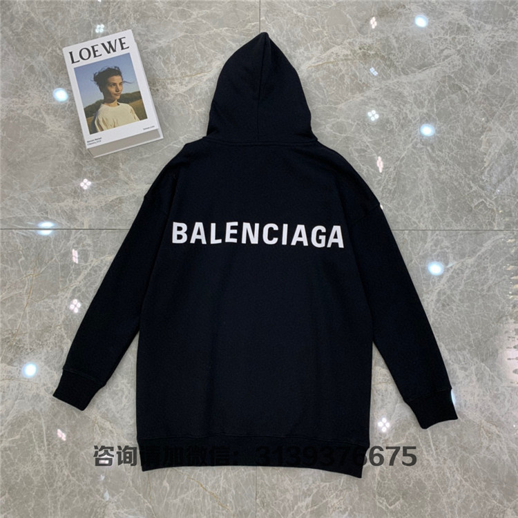 balenciaga/巴黎世家 黑色 卷毛绒布 crew 中等剪裁连帽衫 宽松卫衣