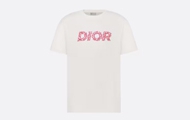 Dior/迪奥 白色棉质竹节平纹针织面料珊瑚红色 Dior Italic 标志 宽松版型 T 恤 483J696C0847_C084